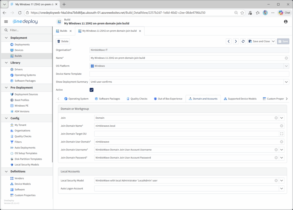 Domain and Accounts - OneDeploy