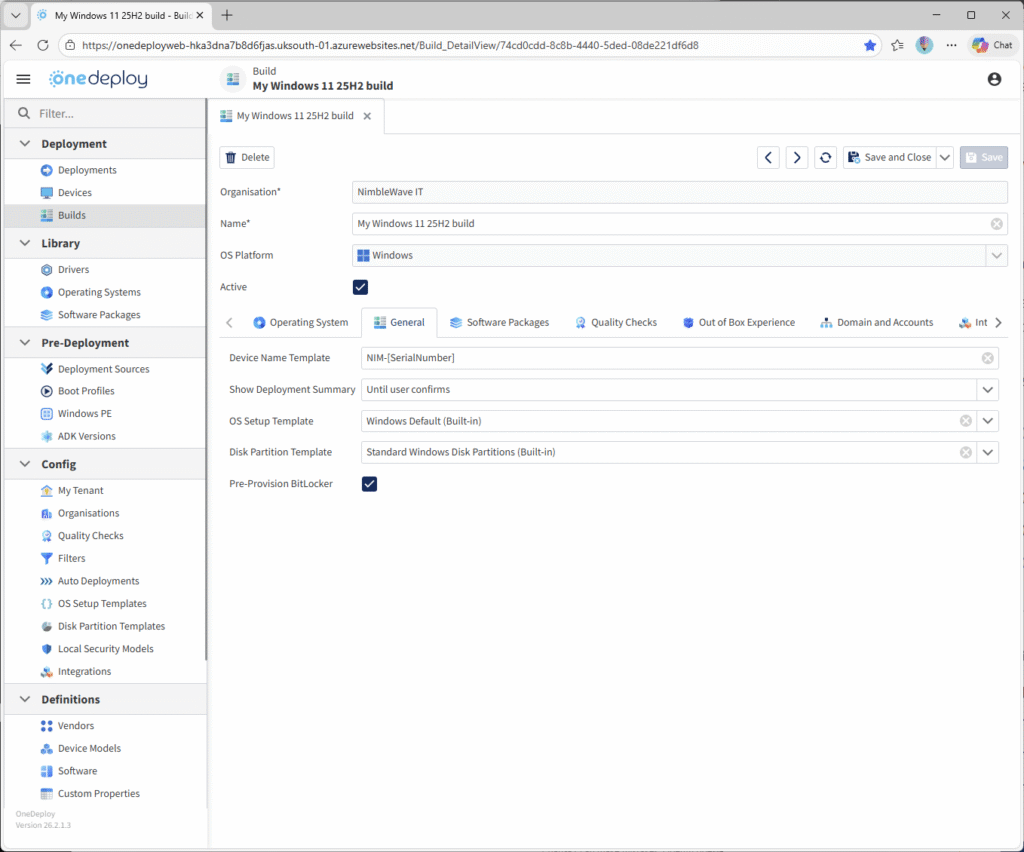 Build General Settings - OneDeploy